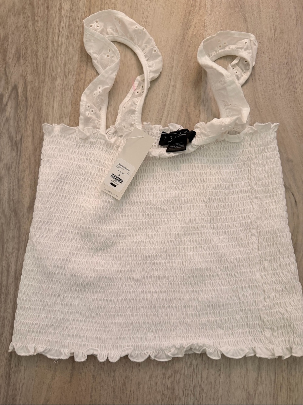 Francesca’s White Smocked Eyelet Strap Top S